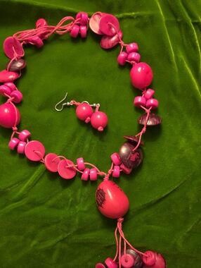 Handmade Pink Bead Statement 24" Necklace & Earring Set